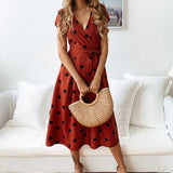 gwmlk Dress Women Vintage Dress Casual Polka Dot Print A-Line Party Dresses Sexy V-neck Short Sleeve Long Dress Fashion