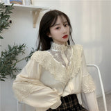 Gwmlk Korean Lace Up Ruffled Blouses Women Autumn Sweet Loose Clothes Stand Collat Ladies Tops Vintage Lace Shirts Women 11335