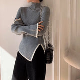 Gwmlk Solid Color Turtleneck Sweater Woman Winter 2023 Ribbed Slim Fit Side Knitwear Women Soft Knitted Sweaters Pullover