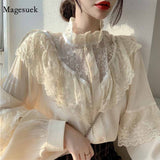 Gwmlk Korean Lace Up Ruffled Blouses Women Autumn Sweet Loose Clothes Stand Collat Ladies Tops Vintage Lace Shirts Women 11335