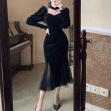 Gwmlk Mesh Velvet Black Long Dress Women Vintage Gothic Slim Party Dresses Female Winter Sexy Split Hollow Christmas Dress New