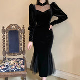 Gwmlk Mesh Velvet Black Long Dress Women Vintage Gothic Slim Party Dresses Female Winter Sexy Split Hollow Christmas Dress New