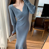 Gwmlk Elegant Mermaid Sweater Long Dress Women Vintage V-neck Knitted Warm Y2K Dress Korean Casual Chic Dress for New Year 2023