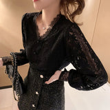 Gwmlk 4XL New Lace Blouse Women Korean Hollow Out V Neck Long Sleeve Shirt Ladies Spring Crochet Lace Solid Tops Blusa 13356