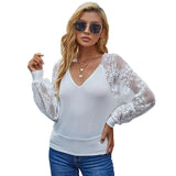 Gwmlk Backless Women Lace Blouse V Neck Long Sleeve Lace Stitching Shirts Sweet Spring Elegant White Woman Blouses Top 18474