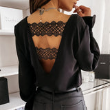 Gwmlk Back V-shaped Hollow Lace Stitching Pullover White Blouse Fashion Sexy V-neck Autumn and Winter Long-sleeved Shirt 12460