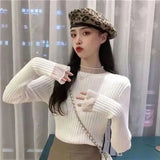 Gwmlk Sweater Women 2023 Spring New Elastic Tops Flare Sleeve Solid Knitted Pullover Woman Casual Slim Fit Bottoming Jumpers