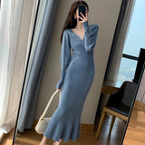 Gwmlk Elegant Mermaid Sweater Long Dress Women Vintage V-neck Knitted Warm Y2K Dress Korean Casual Chic Dress for New Year 2023