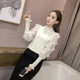 Gwmlk Korean Chic Floral Ruched Pullover Women Fashion Patchwork Mesh Long Sleeve Blouses Femme Knitted Streetwear Tops Woman