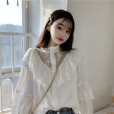 Gwmlk Korean Lace Up Ruffled Blouses Women Autumn Sweet Loose Clothes Stand Collat Ladies Tops Vintage Lace Shirts Women 11335