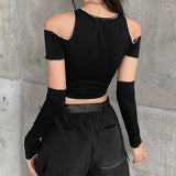 gwmlk Black T-shirts Gothic One Shoulder Sleeve Crop Tops Ruffles Hem Hip Hop Techwear Women Tees