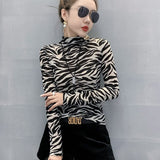 Gwmlk Turtleneck Women Cool Streetwear Women Blouse Zebra Stripe Slim Women Shirts New Fashion Long Sleeve Shirt Blouses 11369