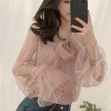 Gwmlk Gauze Bow Beading Pink White Blouse 2023 Summer Women Solid Chiffon Shirt Female Blouses Top Office Shirts Blusas 4323 50