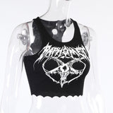 gwmlk Knitted Punk Black Tank Tops Mall Goth Grunge Goat Print Harajuku Women Crop Tops Skinny Sleeveless Streetwear