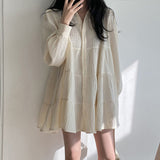 Gwmlk Sleeve Dress Women Ins Spring Lovely Solid A-line Ruffles Korean Apricot Fashion Retro Turn-down Collar Clothes