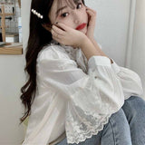 Gwmlk Korean Lace Up Ruffled Blouses Women Autumn Sweet Loose Clothes Stand Collat Ladies Tops Vintage Lace Shirts Women 11335