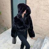 Gwmlk Quality Furry Cropped Faux Fur Coats and Jackets Women Fluffy Top Coat with Hooded Winter Fur Jacket manteau femme