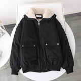 Gwmlk And Winter Plus Velvet Liner Candy-colored Tooling Women's Loose Coat Collar Wool Collar Imitation Lamb Student Jacket