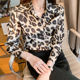 Gwmlk Women's Shirt Printed Leopard Blouses for Women Long Sleeve Top Women Polo Neck Button Up Clothing Female 2023 Shirt OL