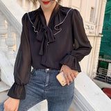 Gwmlk White Bow 2023 Sweet Chiffon Blouses Loose Tops Korean Flare Long Sleeve Shirts Women Autumn Female Ropa De Mujer 10604