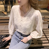 Gwmlk 4XL New Lace Blouse Women Korean Hollow Out V Neck Long Sleeve Shirt Ladies Spring Crochet Lace Solid Tops Blusa 13356