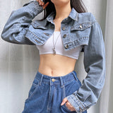 Gwmlk Cropped Denim Jacket Women Autumn Vintage Sexy Streetwear Jeans Coat Female Winter 2023 Girl Top