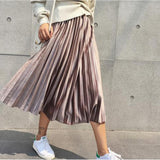 gwmlk 2023 Women Long Metallic Silver Maxi Pleated Skirt Midi Skirt High Waist Elascity Casual Party Skirt