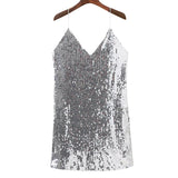 gwmlk V Neck Autumn Silver Sequined Backless Sexy Dress Women Off Shoulder Mini Dress Christmas Party Club Strap Dresses Vestidos