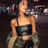 gwmlk PU Leather Soild Camisole Femme Slash Neck Ladies Streetwear Crop Top Chic Ring Straps Bodycon Black Skinny Camis Summer