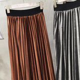 gwmlk 2023 Women Long Metallic Silver Maxi Pleated Skirt Midi Skirt High Waist Elascity Casual Party Skirt