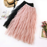 gwmlk Tutu Tulle Skirt Women Long Maxi Skirt 2023 Spring Summer Korean Black Pink High Waist Pleated Skirt Female