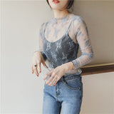 gwmlk Women Lace Floral Embroidery Blouses Shirt Ladies tops Sexy mesh Blouses Transparent Elegant See-through Black Shirt