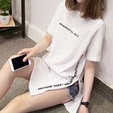 gwmlk DAY Print Long T shirts Summer Women Loose Slit Femme Tops Cotton Tshirt Short sleeve Ladies t-shirt