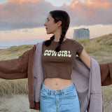 gwmlk Crop Tops Women Summer Fashion COWGIRL Print Casual T Shirts Basic Sexy Streetwear Brown Short Sleeve Picnic ins