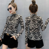 Gwmlk Turtleneck Women Cool Streetwear Women Blouse Zebra Stripe Slim Women Shirts New Fashion Long Sleeve Shirt Blouses 11369