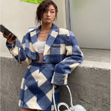 Gwmlk Winter Plaid Vintage Tweed Two Piece Set Korea Women Single-Breasted Woolen Short Jacket Coat + Mini Skirt 2 Piece Set