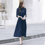 Gwmlk Spring Slim Waist Tie Ladies Pleated Single-breasted Dress Korean Style Chiffon Long Sleeve Pleated Dress for Women 12537