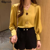 Gwmlk Lady Autumn Solid Women Blouses All-match Korean Tops V-neck Lantern Long Sleeve Clothes with Button Woman Shirt 10567