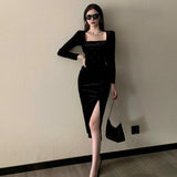 Gwmlk Velvet Long Dress Women Elegant Vintage Square Collar Long Sleeve Dress Korean Sexy Casual Evening Party Dress 2023 Autumn