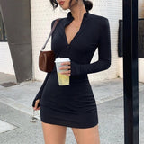 gwmlk winter stretch Slim Soft Ribbed Knitted turtleneck dress woman 2023 fashion solid black casual bodycon Zip dress