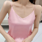 gwmlk V-Neck Sexy Solid Satin Woman Camis Tank Tops Chiffon Sleeveless Camisole Top Halter Camis Tops