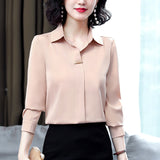 Gwmlk Women's Silk Shirts 2023 Spring Fashion Solid Loose Fashion Ladies Tops Button Long-sleeve Blouse Turn-down Collar Women Shirt