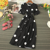 gwmlk Polka Dot Midi Dress Summer 2023 Sexy V-neck Flare Sleeve Casual Vestidos Verano Elegant Blue/White Sashes Dresses New