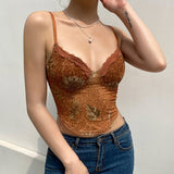 gwmlk Camis Brown Crop Top Lace Frill Cute Corset Top Spaghetti Strap Sweats Harajuku Tee Top Women Beach Vests