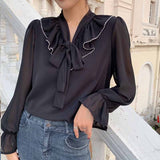 Gwmlk White Bow 2023 Sweet Chiffon Blouses Loose Tops Korean Flare Long Sleeve Shirts Women Autumn Female Ropa De Mujer 10604