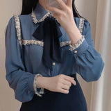 Gwmlk Women Solid Color Long Puff Sleeve Tops Women Pearl Button Cardigan Shirts Sweet Tassel Lace Splice Bow Tie Blouse  Blusas 11608