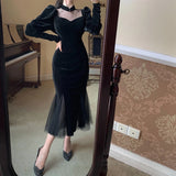 Gwmlk Mesh Velvet Black Long Dress Women Vintage Gothic Slim Party Dresses Female Winter Sexy Split Hollow Christmas Dress New