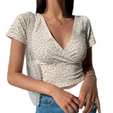 gwmlk French retro floral V-neck short-sleeved T-shirt Slim slimming wild high waist T-shirt women's top