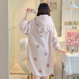 Gwmlk Flannel Robe Women Cute Kimono Bathrobe Gown Hooded Sleepwear 2023 New Coral Fleece Nightwear Print Strawberry Loungewear