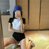 Gwmlk Piece Summer T-Shirt Women Short Sleeve Sport Tops Tee and High Waist Casual Shorts Black White 2023 Women's Sets